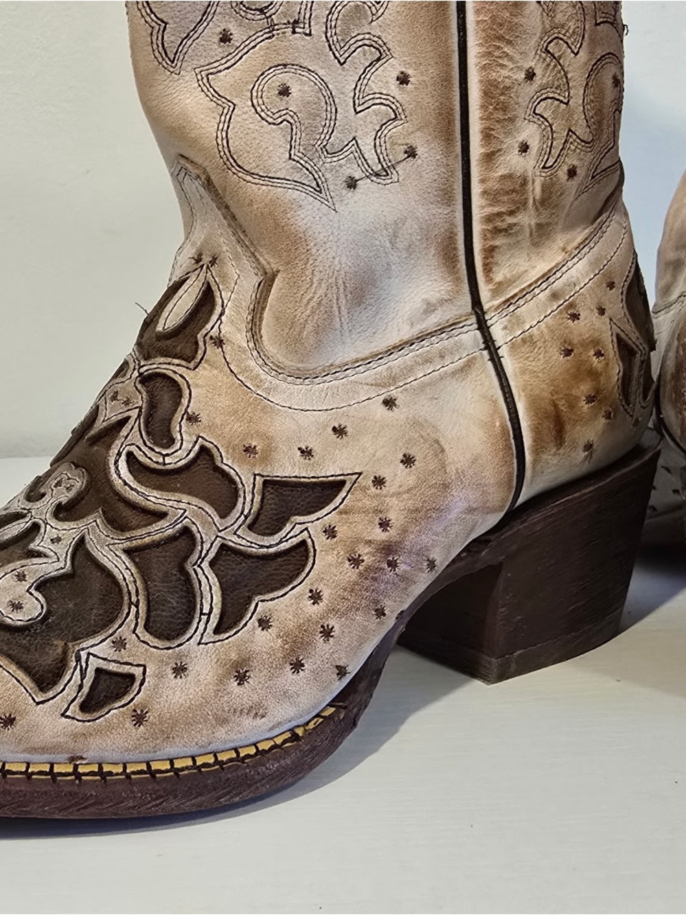 J.B. Dillon Two-Tone Leather Cowboy Boots - Cream and Dark Brown - Picture 4 of 6